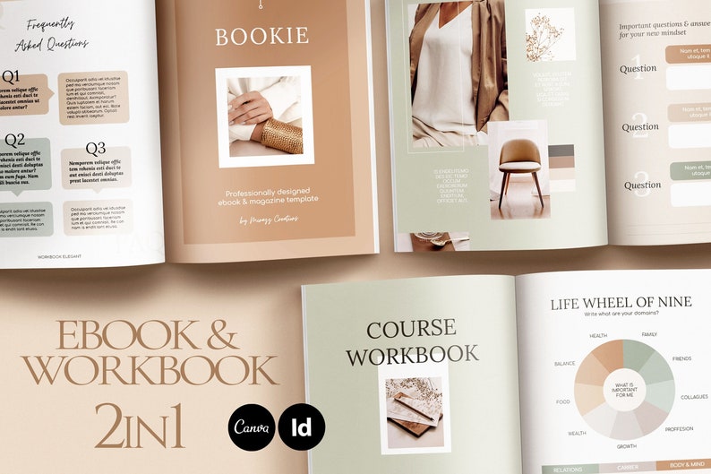 May include: A mockup of a workbook with the title 'BOOKIE' and the text 'Professionally designed ebook & magazine template' on the cover. The workbook is open to reveal pages with the text 'Frequently Asked Questions' and 'Important questions & answers for your new mindset.' The workbook also includes a life wheel of nine diagram and the text 'EBOOK & WORKBOOK 2IN1' and 'COURSE WORKBOOK'.