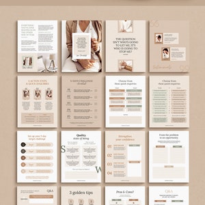 May include: A digital planner with a beige and green colour scheme. The planner includes pages for goal setting, action steps, challenges, road maps, and frequently asked questions. The text "Interactive pages, quotes and tips" is at the bottom of the page.