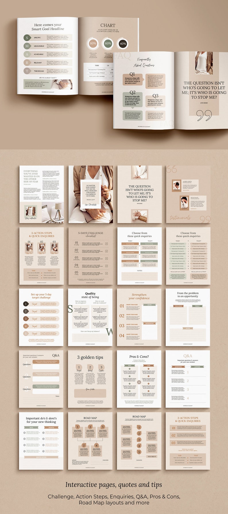 May include: A digital planner with a beige and green colour scheme. The planner includes pages for goal setting, action steps, challenges, road maps, and frequently asked questions. The text "Interactive pages, quotes and tips" is at the bottom of the page.