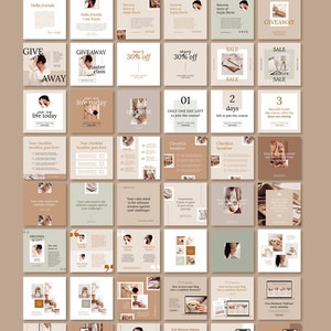 Pu&ograve; includere: Una collezione di 36 modelli di post Instagram per i creatori di corsi. I modelli presentano una tavolozza di colori neutri beige, marrone e verde con sovrapposizioni di testo. I modelli includono vari design, come liste di controllo, citazioni e annunci. Il testo sui modelli include frasi come "giveaway", "master class", "live today", "checklist", "spotlight", e "30% off".