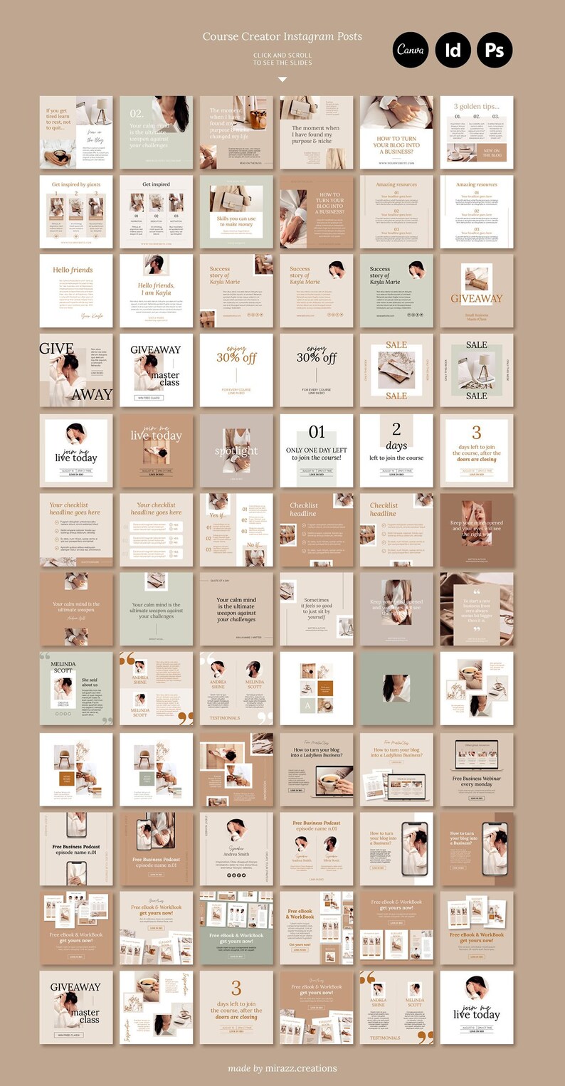 Pu&ograve; includere: Una collezione di 36 modelli di post Instagram per i creatori di corsi. I modelli presentano una tavolozza di colori neutri beige, marrone e verde con sovrapposizioni di testo. I modelli includono vari design, come liste di controllo, citazioni e annunci. Il testo sui modelli include frasi come "giveaway", "master class", "live today", "checklist", "spotlight", e "30% off".