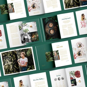 May include: A magazine layout with a green background featuring images of food, drinks, and people. The magazine pages have text that reads "Feel the taste of recipes that I made with love from fresh clean ingredients", "Amazing smell", "Then Wild", "Berries", "Ice, ice, baby..." and "Beautiful".