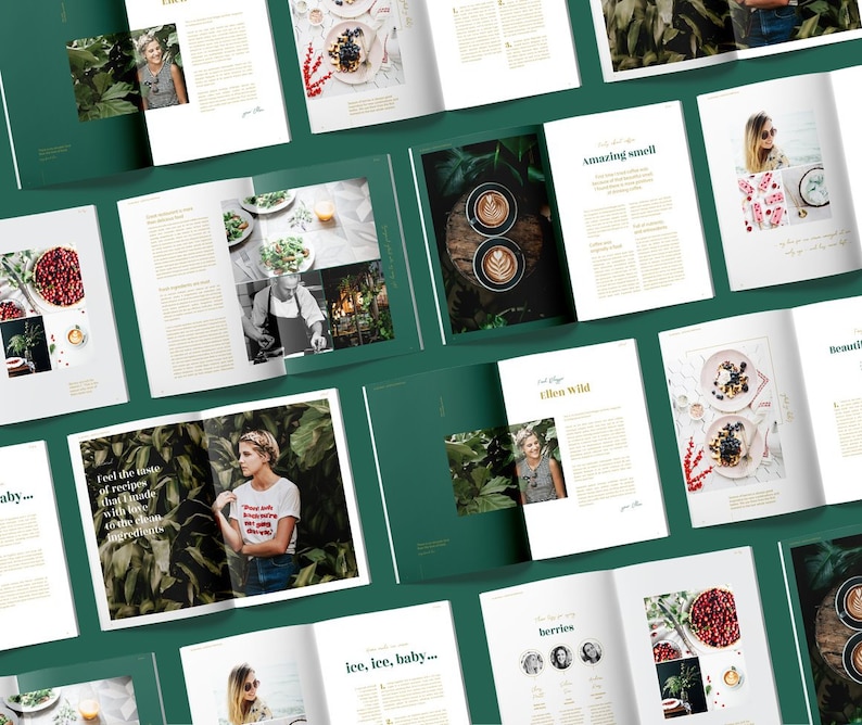 May include: A magazine layout with a green background featuring images of food, drinks, and people. The magazine pages have text that reads "Feel the taste of recipes that I made with love from fresh clean ingredients", "Amazing smell", "Then Wild", "Berries", "Ice, ice, baby..." and "Beautiful".