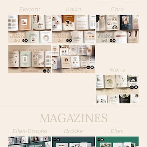 May include: A collage of images showcasing different types of digital products for sale, including ebooks, workbooks, magazines, social media templates, and slide decks. The products are organized by category and feature various design styles, such as elegant, Kayla, Cora, Ellen-Brooke, Brooke, and Mona.