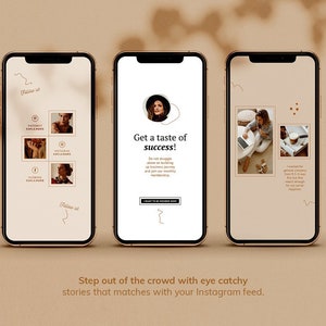 May include: Three phone screens showing Instagram story templates with a beige background and brown text. The text on the middle screen says "Get a taste of success! Do you struggle alone on building up your business journey and join our monthly membership."