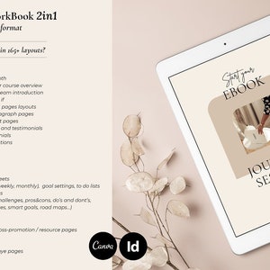 May include: An ebook and workbook 2-in-1 digital product, A4 and US letter format. The image shows a tablet displaying the ebook's cover with the text "Start your EBOOK JOURNEY SESSION". The product includes book pages, worksheets, and good bye pages.