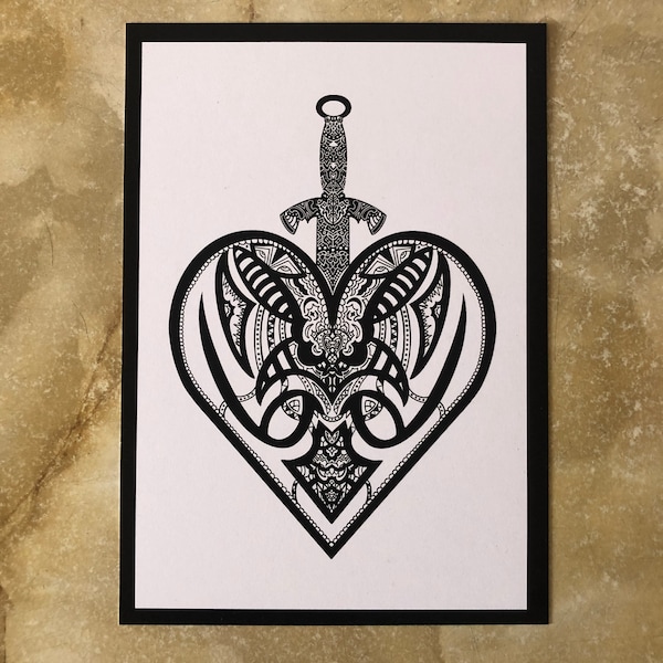 Daggered heart A5 art print / Corazon / Sword / Stabbed / Love / Valentines / Clipper / Black and white / Goth / Broken / Cupid / pattern