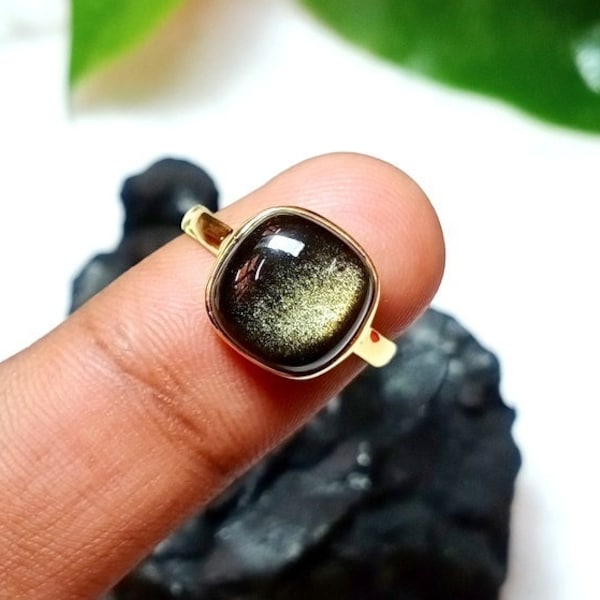 Natural Gold Sheen Obsidian Ring - 10mm Cushion Obsidian Ring - 925 Sterling Silver Ring - 18K Micron Gold Plated - Jewelry Silver Ring