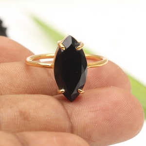 Natural Black Onyx Faceted Pong Ring - 8x16mm Marquise Open Stone Ring- 18k Micron Gold Plated Ring- 925 Sterling Silver Ring  Everyday Ring