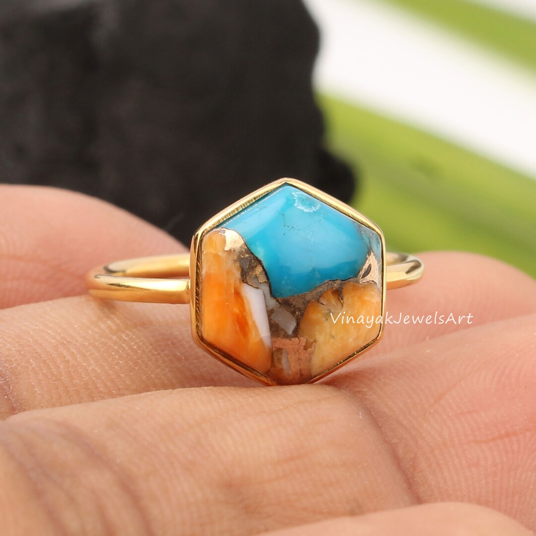 Modern Edge Turquoise and Spiny Oyster Shell Matrix Stone Golden Ring