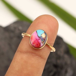 New Orange Dahlia Copper Turquoise Ring  -  8x10mm Oval Ring - 18K Micron Gold Plated - 925 Sterling Silver Ring - Gift For Her