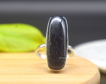 Unique Blue Goldstone Ring - 10x30mm Long Cushion Ring - 925 Sterling Silver Ring - Blue Sandstone Ring - Galaxy Ring - Valentines Gift