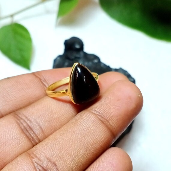 Natural Gold Sheen Obsidian Ring 8x16mm Trillion Obsidian Ring 925