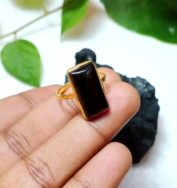Natural Gold Sheen Obsidian Ring 9x18mm Rectangle Shape Ring 925