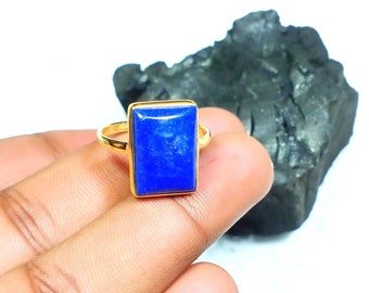 Natural Lapis Lazuli Ring - 10x14mm Rectangle Lapis Ring - 925 Sterling Silver Jewelry Ring - 18K Micron Gold Plated Ring - Gift For Mother