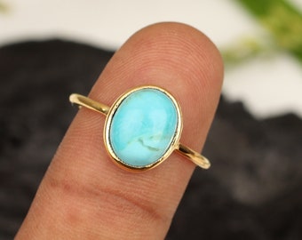 100% Natural Arizona Turquoise Gemstone Ring - 925 Sterling Silver Ring - 18K Micron Gold Plated Ring - 8x10mm Oval Ring -Thanksgiving Ring