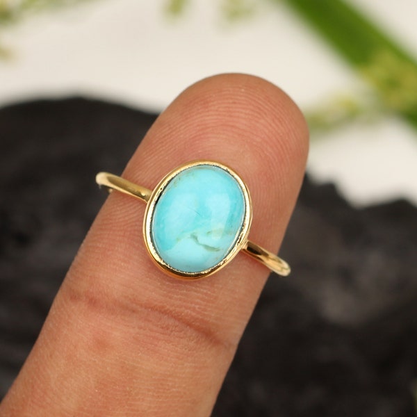 100% Natural Arizona Turquoise Gemstone Ring - 925 Sterling Silver Ring - 18K Micron Gold Plated Ring - 8x10mm Oval Ring -Thanksgiving Ring