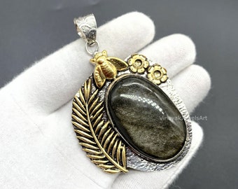 Gold Sheen Obsidian Pendan, 925 Sterling Silver Plated 18k Gold Plated Pendant,Handmade leaf pendant, Honey Bee Pendant, Gift For Friend