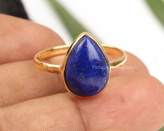 Natural Lapis Ring - 10x14mm Pear Ring - 925 Sterling Silver - 18k Micron Gold Plated - Lapis Lazuli Ring- Gifts for Her