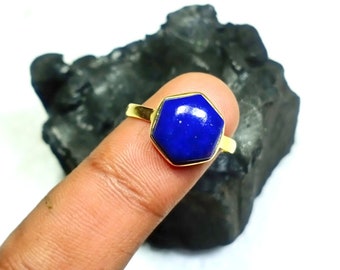 Natural Lapis Lazuli Ring - 10x10 mm Hexagon Shape Ring - 925 Sterling Silver Ring - All Size Available 18k Gold Plated - Thanksgiving Ring