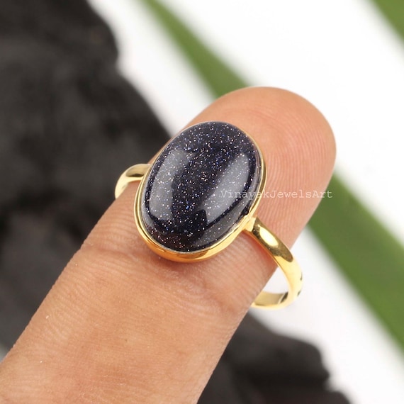Blue Goldstone Ring 10x14mm Oval Blue Sandstone Ring 18K Micron Gold Plated Ring Gemstone Jewelry Oval Gemstone Ring gift for her