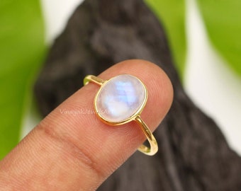 Rainbow Moonstone Ring - 8x10mm Oval Shape Ring - 18K Gold Plated Ring - Handmade Ring - Thanksgiving Ring - All Size Available