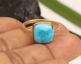 Beautiful Blue Turquoise Ring - 10x10mm Cushion Ring - 18k Micron Gold Ring - 925 Sterling Silver - Turquoise Ring - Gift For Her