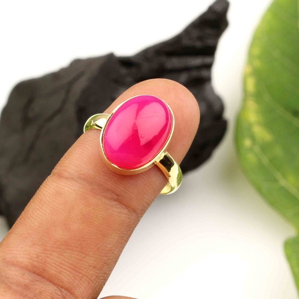 Hot Pink Chalcedony Ring - 10x14mm Oval Ring - 925 Sterling Silver - Gift For Friend - Handmade Ring - Wholesale Ring  - Gift For Her