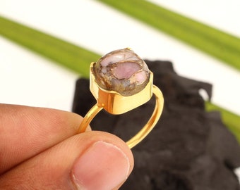 Pink Opal Copper Ring - 10x10 mm  Cushion Shape Ring - 925 Sterling Silver  - 18k Gold Plated - Everyday Ring- All Size Available