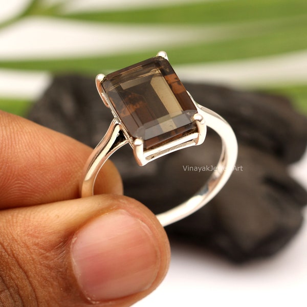 Smoky Quartz Ring, 10x14mm Rectangle Ring, 925 Sterling Silver Ring, Prong Ring, Emerald Cut Ring, Engagement Ring, Birthstone Ring