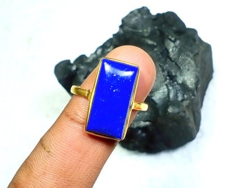 Natural Lapis Lazuli Ring - 9x18mm Rectangle Lapis Ring - 925 Sterling Silver Jewelry Ring - 18K Micron Gold Plated Ring - Gift For Mother