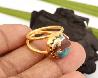 Lava Copper Turquoise Ring - Double Band Ring 10x10mm Round Ring- Zig Zag Ring - 925 Sterling Silver - Gift Stack Ring - Gold Plated Ring