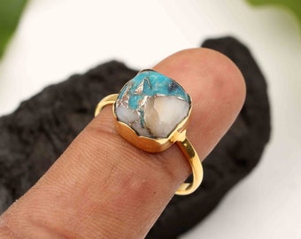 AAA Quality Pink And Blue Copper Turquoise Ring - 10x10mm Cushion Ring - 925 Sterling Silver - 18k Gold Plated Everyday Ring - Gemstone Ring