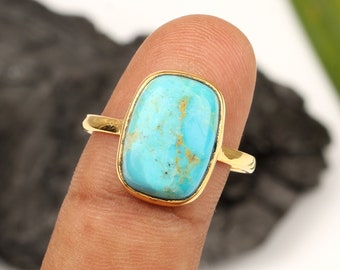 New Arizona Turquoise Ring -  10x14mm Cushion Ring - 18K Micron Gold Plated Ring - 925 Sterling Silver Ring - Thanksgiving Ring Gift For Her