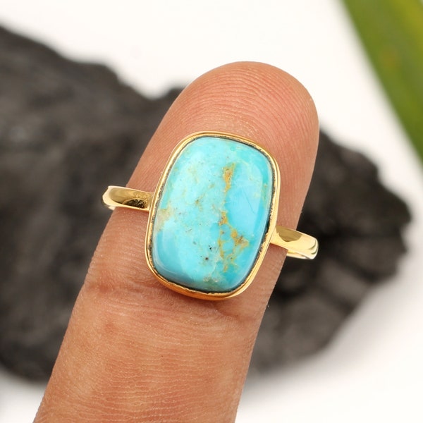New Arizona Turquoise Ring -  10x14mm Cushion Ring - 18K Micron Gold Plated Ring - 925 Sterling Silver Ring - Thanksgiving Ring Gift For Her