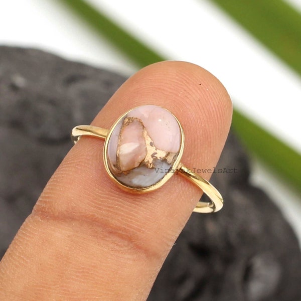 Pink Opal Copper Ring - 8x10mm Oval Opal Ring - 18k Micron Gold Plated Ring - Gemstone Ring - 925 Sterling Silver - Stacking Ring