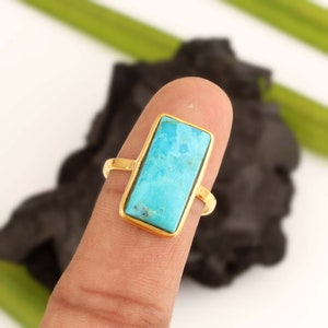 Mohave Arizona Turquoise Ring - 9x18mm Rectangle Ring - 925 Sterling Silver Ring - 18K Micron Gold Plated - Turquoise Ring For Women