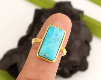 Mohave Arizona Turquoise Ring - 9x18mm Rectangle Ring - 925 Sterling Silver Ring - 18K Micron Gold Plated - Turquoise Ring For Women