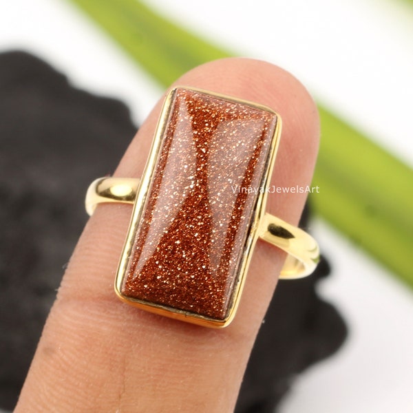 Brown Goldstone Ring, 9x18mm Rectangle Goldstone Ring, 18k Gold Micron Plated Ring - 925 Sterling Silver Ring, Sunstone Ring, Everyday Ring