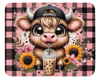 Highland Cow Mouse Pad, Cute Coffee Cow Desk Mat, Sunflower Pink Plaid Mouse pad, Highland Cow Gift for Her, Office Accessory