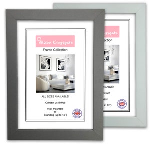 May include: Two silver picture frames with a white mount and a white background. The frames are made in Britain. The text on the frames reads "Alison Kingsgate Frame Collection" and "All sizes available! Contact us direct! Wall Mounted or Standing (up to 12")".