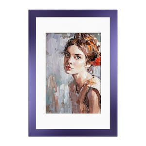 May include: Oil painting portrait of a woman in a purple frame. The artwork features a woman with brown hair and a neutral-toned dress. The background has a textured, abstract style with shades of white, grey, and orange.