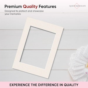 May include: A rectangular off-white picture frame mount with a central vertical aperture. The text Premium Quality Features, Designed to protect and showcase your memories, Alison Kingsgate, and EXPERIENCE THE DIFFERENCE IN QUALITY are visible.