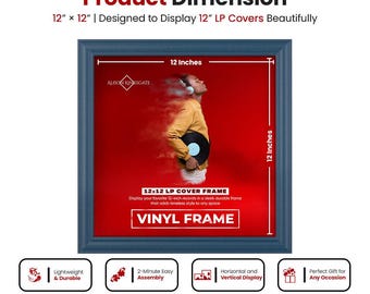 12x12 Vinyl Record Frame | 12" LP Album Display | Black Record Wall Frame | Vinyl Album Cover Holder in Classic Style | Record Lover Gift