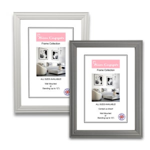 May include: Two white picture frames with a grey and white interior design image. The frames are available in white and grey. The text on the frames reads "Alison Kingsgate Frame Collection" and "All sizes available! Wall mounted or standing (up to 12")."