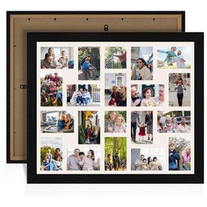 May include: A black rectangular collage picture frame with a white mount featuring multiple rectangular apertures. The frame contains various candid colour photographs of families and individuals in outdoor and indoor settings, with a visible back panel.