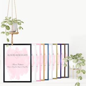 May include: A collection of picture frames in various colors, including black, white, pink, gold, blue, and purple. The frames are displayed on a white surface, with a hanging plant and a potted plant in the background. The text "ALISON KINGSGATE Frames Collection" is visible on the front frame.