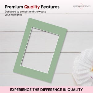 May include: A rectangular sage green picture frame mat with a white inner border. The text at the top reads Premium Quality Features, Designed to protect and showcase your memories, and ALISON KINGSGATE. The bottom text reads EXPERIENCE THE DIFFERENCE IN QUALITY.