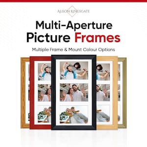 May include: A selection of multi-aperture picture frames in gold, red, black, and green. Each frame is designed to hold three photographs. The frames are presented against a white backdrop, with the text "Multi-Aperture Picture Frames" visible.