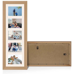 May include: A vertical light brown wooden collage picture frame featuring five rectangular openings with a white mat board. The frame includes a backing board with two metal hanging brackets for wall mounting in either orientation.